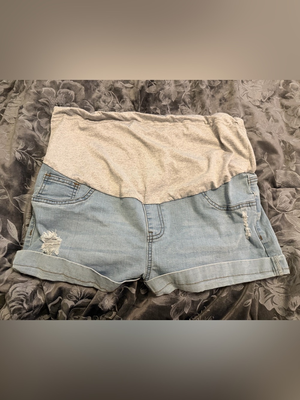 Maternity Denim Shorts with Gray Stretch Waistband - Light Blue
